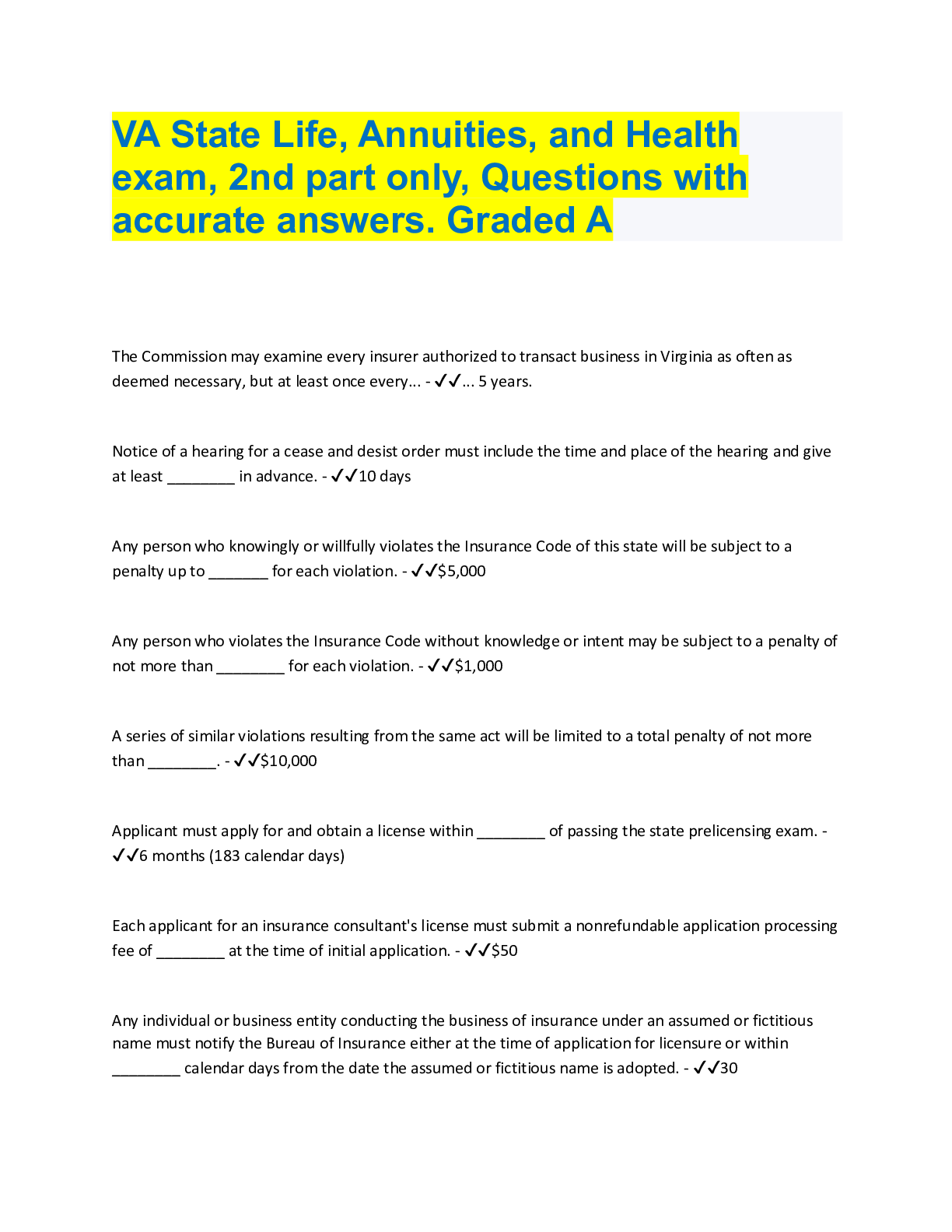 Preview image for VA State Life, Annuities, and Health exam, 2nd part only, Questions with accurate answers. Graded A
